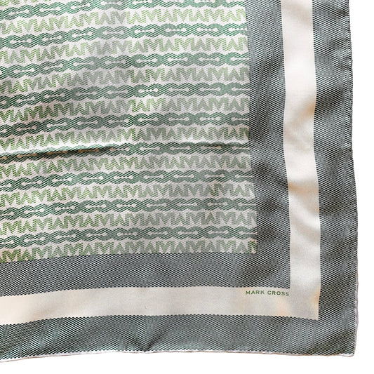 1980s's Mark Cross Silk Twill Signature Pattern Large 34" Square Scarf Preppy Luxury Gift Italy Designer Sage Olive Green Ivory Headscarf
