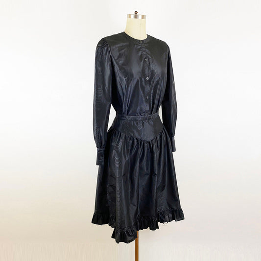 1970-1980's Black Silk Taffeta Prairie Blouse and Skirt Set Dress Goth Vamp Boho Witchy Designer / Charles Jourdan / Muriel Grateau / Size Small 4/6