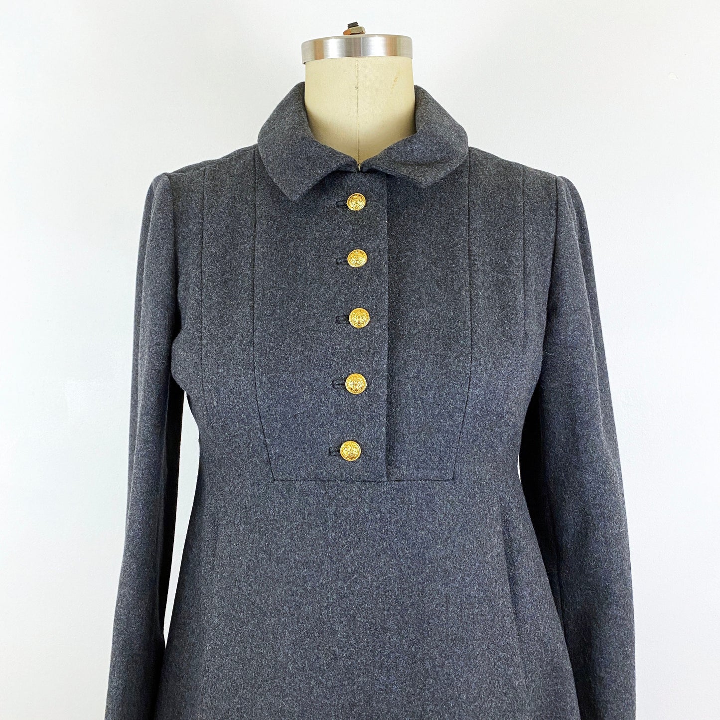1960s Geoffrey Beene Dark Gray Wool Empire Waist Fitted A-line Mini Dress Military Minimalist Mod Retro Designer / Size Small 4/6