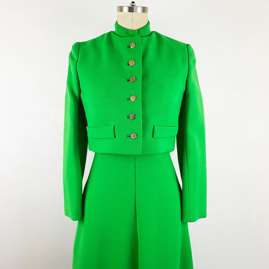 1960 Harve Benard Lime Green Wool A-line Maxi Dress with Cropped Jacket Mod Cocktail Dress Holiday / Size Small 4