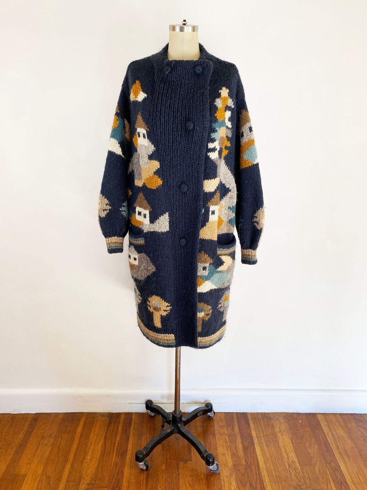 1980s Intarsia Landscape Wool Long Cardigan House Pattern Sirogojno Sweater Dobrila Wool Jacket Folk Chunky Sweater / Size Extra Large XL