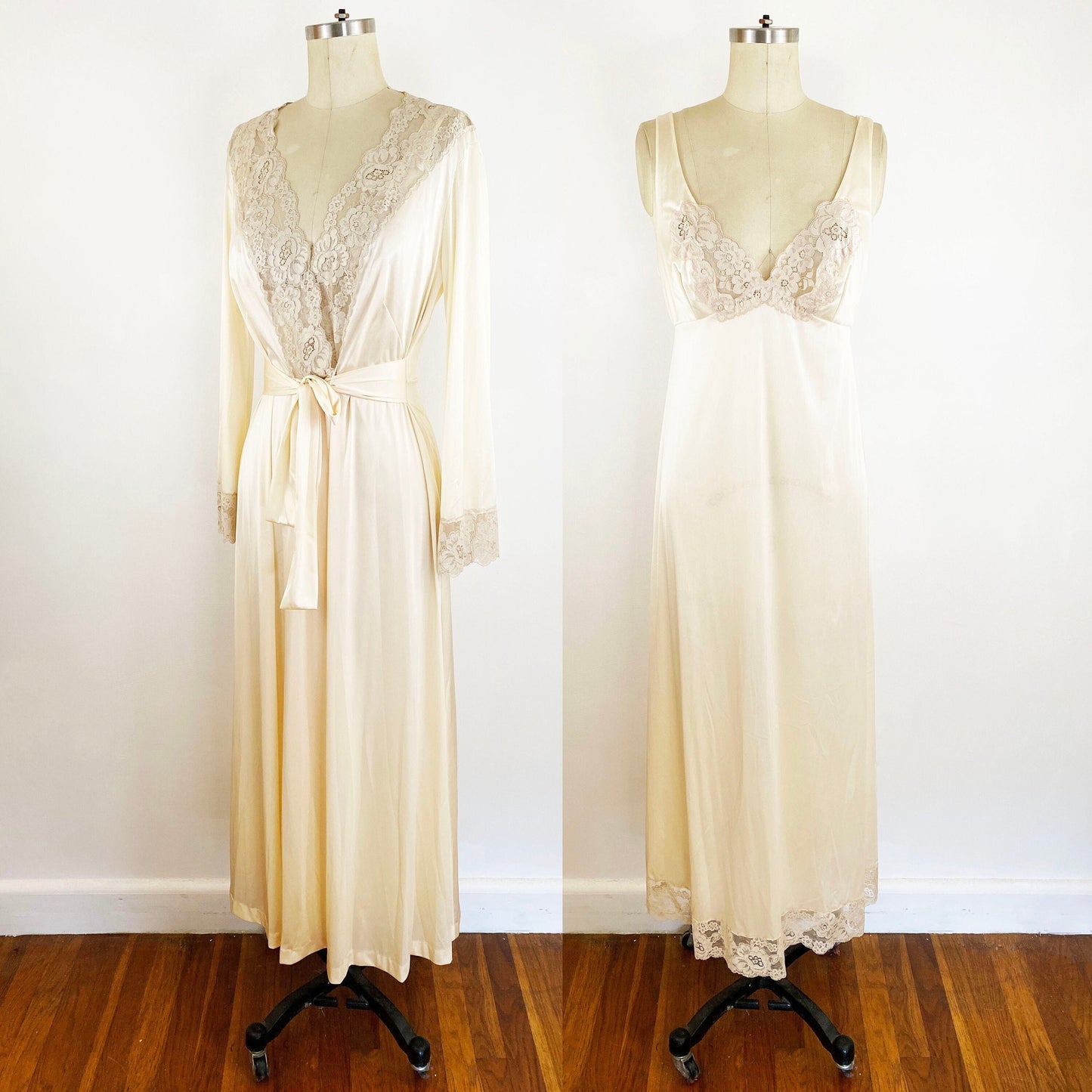 1970s Champagne Nylon Bias Cut Slip Maxi Dress and Robe Romantic Lingerie Tan Lace Peignoir Nightgown Naughty Nighty Sexy Goddess / Size Small