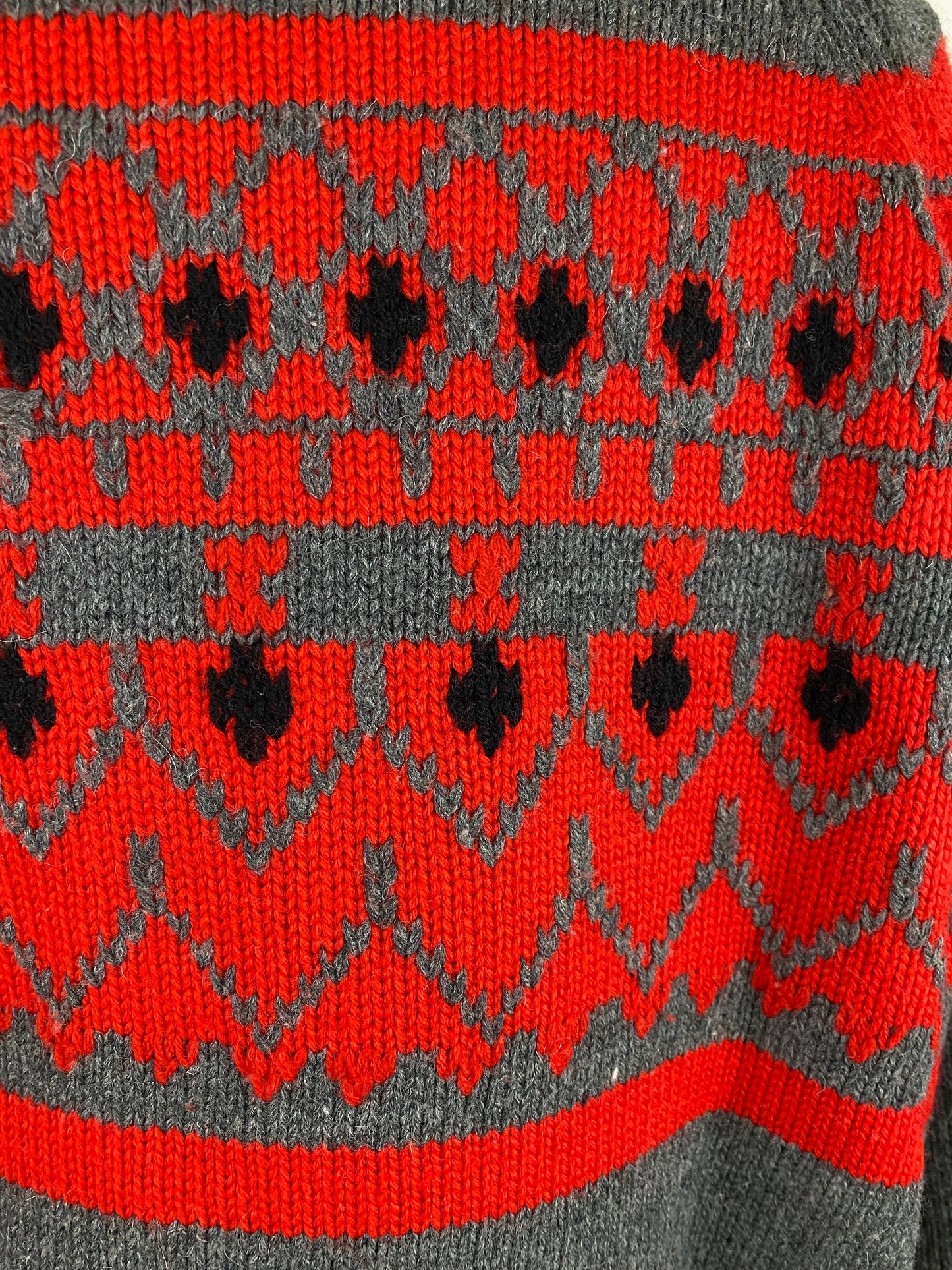 1960's Red Gray Wool Fair Isle Zip Cardigan / Vintage Nordic Sweater Holiday Sweater Ski Jumper Woodsy Winter / Size Large