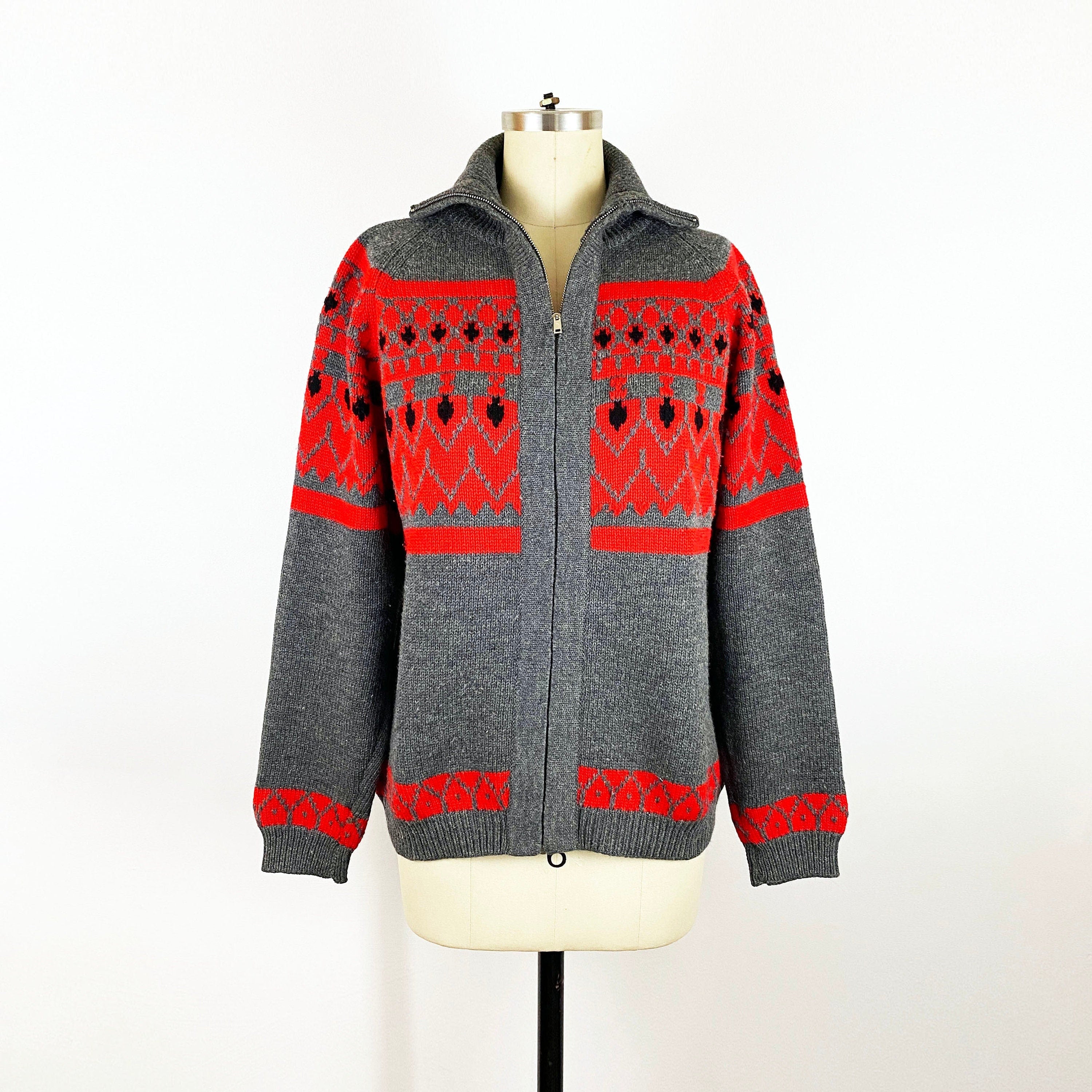 1960's Red Gray Wool Fair Isle Zip Cardigan / Vintage Nordic 