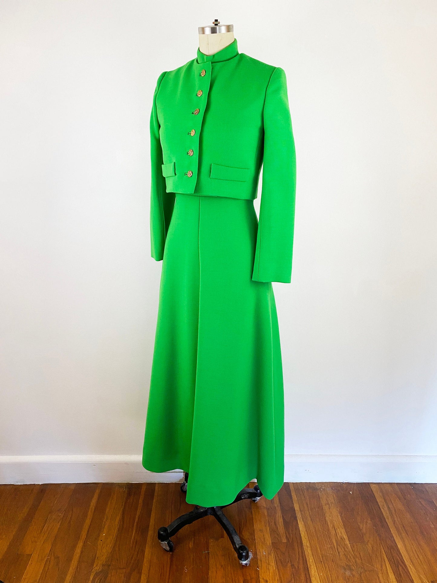 1960 Harve Benard Lime Green Wool A-line Maxi Dress with Cropped Jacket Mod Cocktail Dress Holiday / Size Small 4
