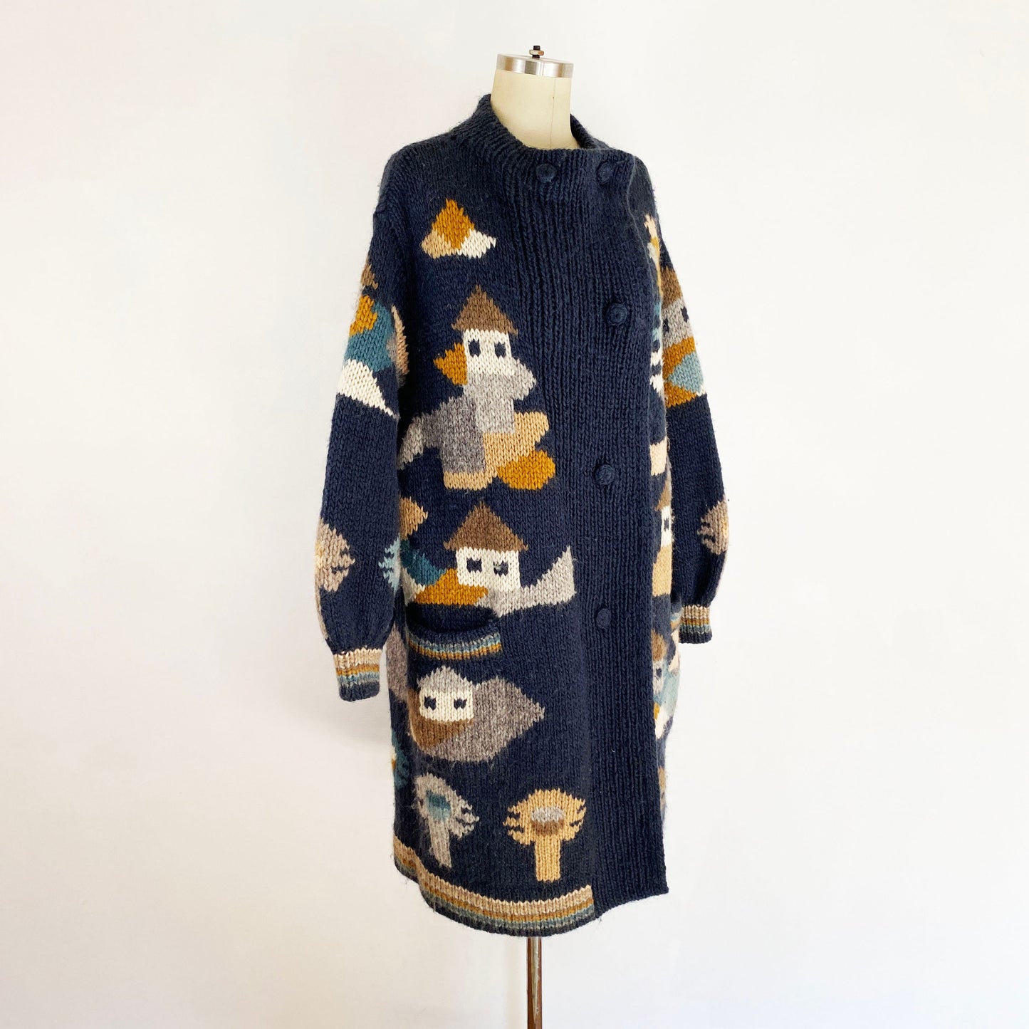 1980s Intarsia Landscape Wool Long Cardigan House Pattern Sirogojno Sweater Dobrila Wool Jacket Folk Chunky Sweater / Size Extra Large XL