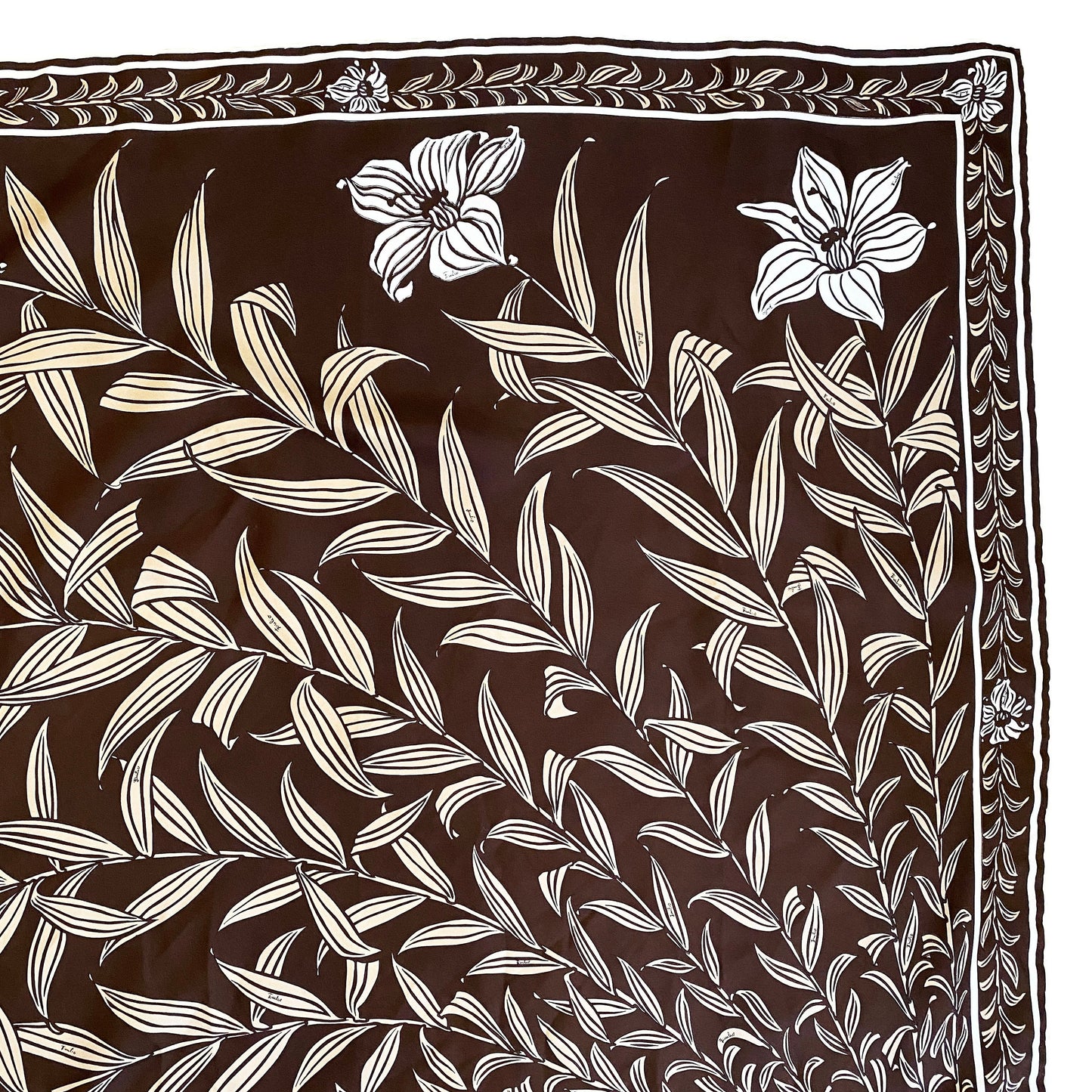 1960-1970s Emilio Pucci Silk Twill Lily Scarf Large Mod Lilies Vintage Headscarf Designer Brown White Gift for Her