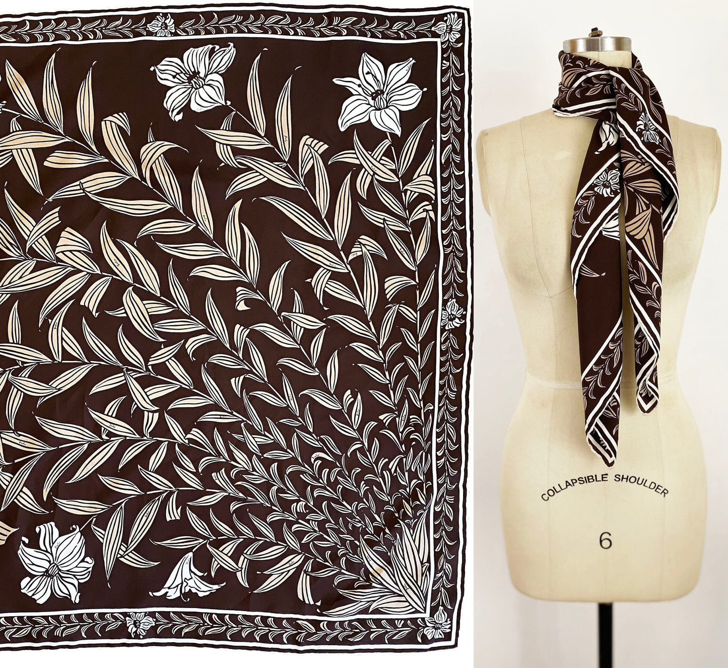 1960-1970s Emilio Pucci Silk Twill Lily Scarf Large Mod Lilies Vintage Headscarf Designer Brown White Gift for Her