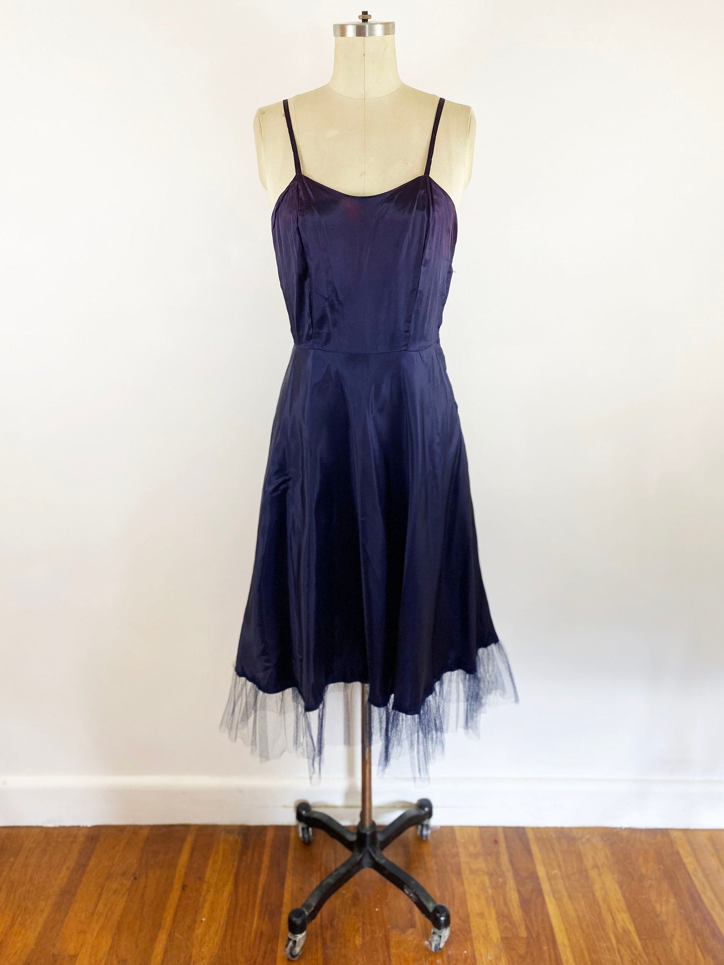 1940s Indigo Sheer Nylon and Tan Felted Polka Dot Dress Fit and Flare Dress A-line Elegant Cocktail Party Pin Up Rockabilly / Small 4/6