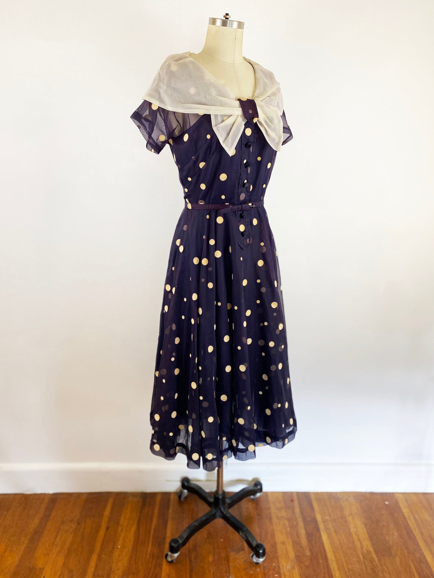 1940s Indigo Sheer Nylon and Tan Felted Polka Dot Dress Fit and Flare Dress A-line Elegant Cocktail Party Pin Up Rockabilly / Small 4/6