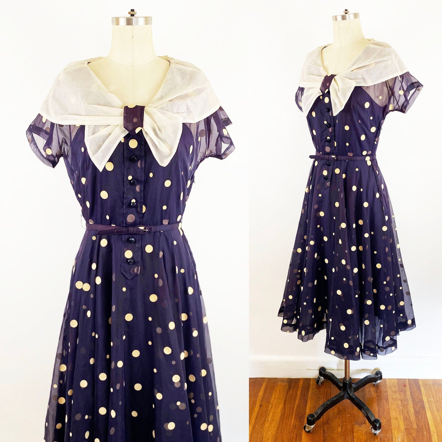 1940s Indigo Sheer Nylon and Tan Felted Polka Dot Dress Fit and Flare Dress A-line Elegant Cocktail Party Pin Up Rockabilly / Small 4/6