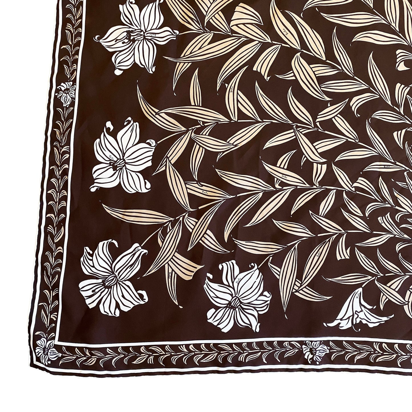 1960-1970s Emilio Pucci Silk Twill Lily Scarf Large Mod Lilies Vintage Headscarf Designer Brown White Gift for Her