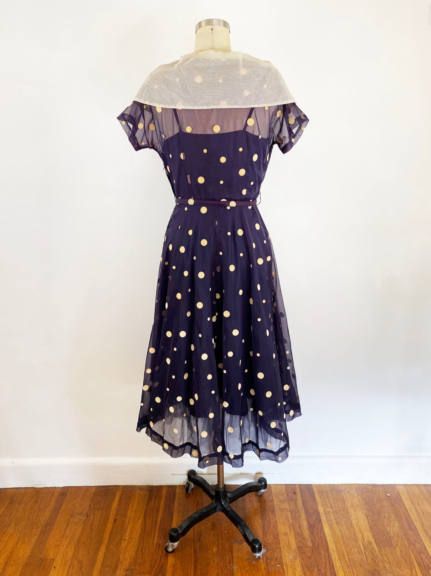 1940s Indigo Sheer Nylon and Tan Felted Polka Dot Dress Fit and Flare Dress A-line Elegant Cocktail Party Pin Up Rockabilly / Small 4/6