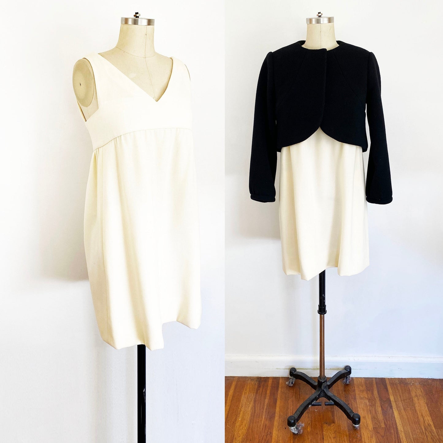 1960s Jacques Tiffeau and Busch Cream Wool Empire Waist Mini Dress and Black Bolero Jacket Mod Couture / Size Extra Small 2