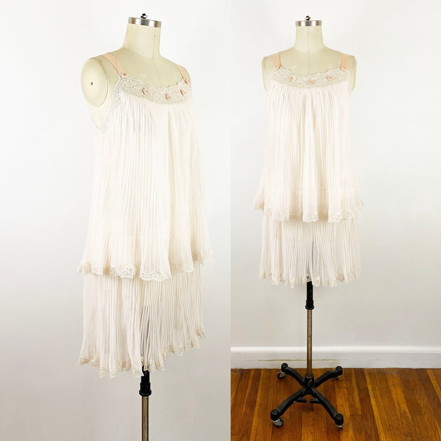 1960s Christian Dior Pleated Light Pink Nylon Tiered Dress Lingerie Mod Slip Sexy Vintage Romantic / Size Small 6